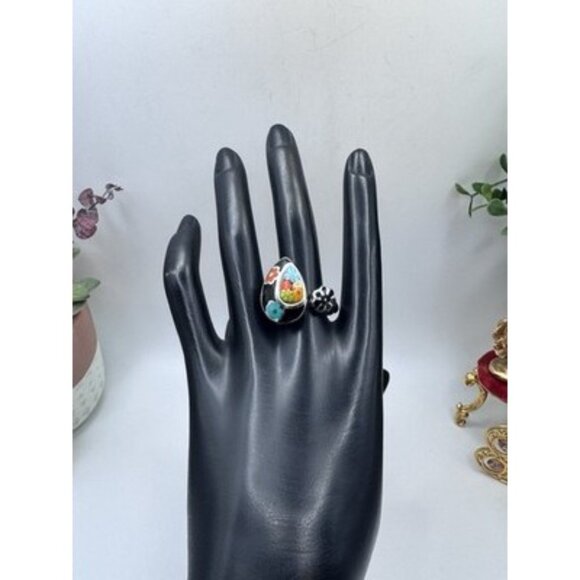 Vintage Millefiori Murano Glass & Enamel Toi Et Moi Sterling Silver Ring Size 8 - Picture 3 of 9